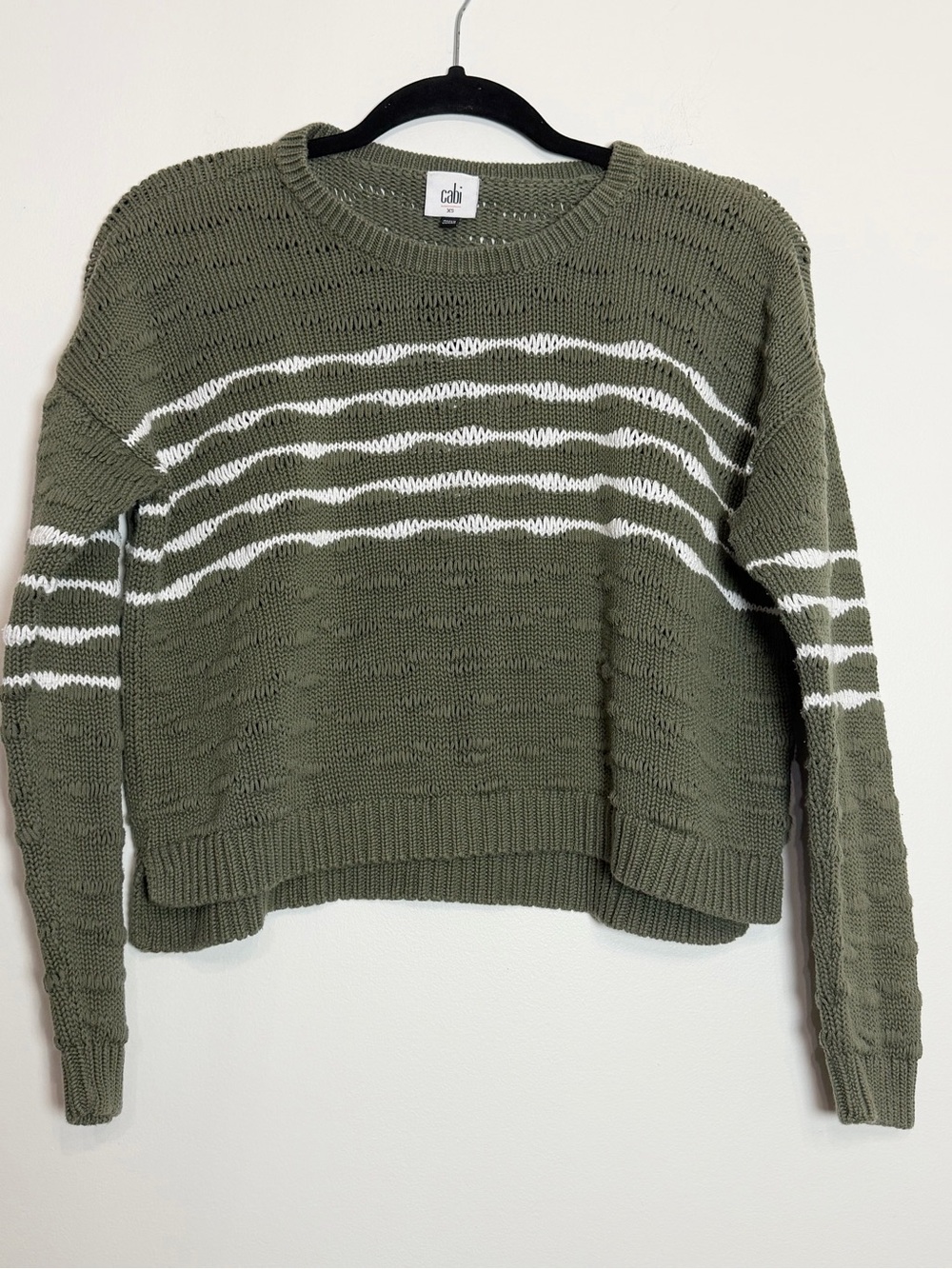 CAbi Scout Pullover Olive Green White Stripe Sweater XS Boxy Shape
